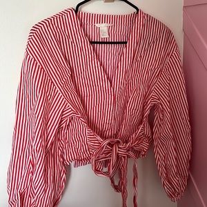 Striped button down shirt w/ wrap around belt